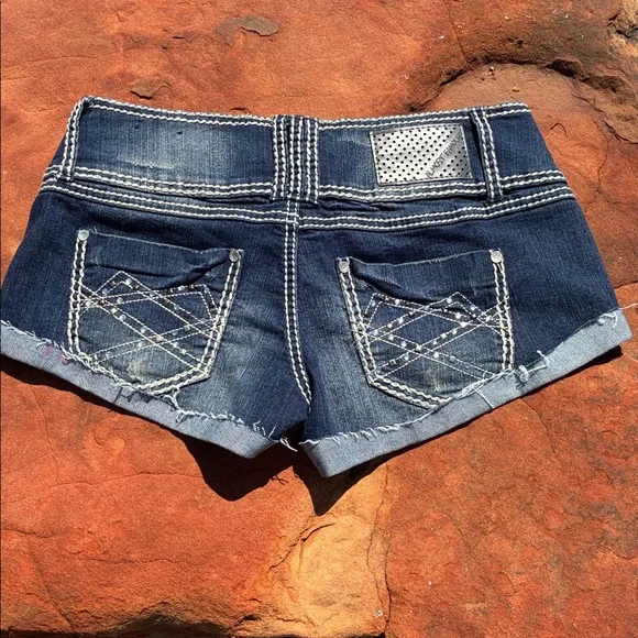 Almost Famous Dark Blue Distressed Denim Shorties shorts low rise 9 - Picture 4 of 6